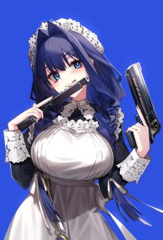 Rule 34 | 1girl, :q, absurdres, adarin, apron, black dress, blue background, blue eyes, blue hair, blush, braid, breasts, bright pupils, desert eagle, dress, dual wielding, embroidery, gun, hair intakes, hair ribbon, handgun, hashtag-only commentary, hat, highres, holding, holding gun, holding weapon, hololive, hololive english, large breasts, long hair, long sleeves, looking at viewer, low twin braids, maid, maid apron, mob cap, official alternate costume, official alternate hairstyle, ouro kronii, ouro kronii (maid), ribbon, simple background, solo, star (symbol), tongue, tongue out, trigger discipline, twin braids, upper body, very long hair, victorian maid, virtual youtuber, weapon, white apron, white hat, white pupils, white ribbon