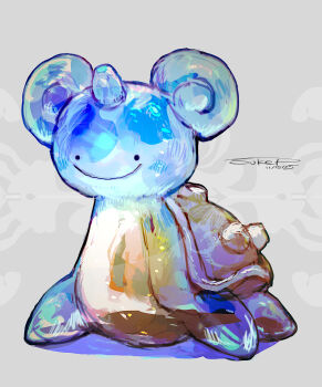 1other absurdres dated ditto fins gen_1_pokemon grey_background highres horns lapras nintendo no_humans pokemon pokemon_(creature) shadow shell signature single_horn smile solo sukepmonster transformed_ditto