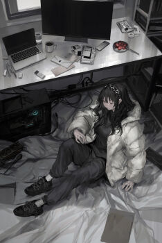1girl absurdres black_hair black_pants black_shirt black_shoes coat computer cup desk food fork fruit graphics_card grey_eyes grey_theme hairband highres indoors knee_up laptop letter lm7_(op-center) long_hair long_sleeves monitor mug original pants pen plate reflection screen shirt shoes sitting solo strawberry white_coat wide_shot