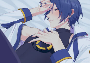 1boy arm_up black_pants black_shirt blue_eyes blue_nails blue_trim blush coat commentary_request fingernails hair_behind_ear headset highres kaito_(vocaloid) long_sleeves lying male_focus nokuhashi on_back pants parted_hair parted_lips shirt sleeve_cuffs sleeveless sleeveless_turtleneck solo turtleneck unzipped vocaloid