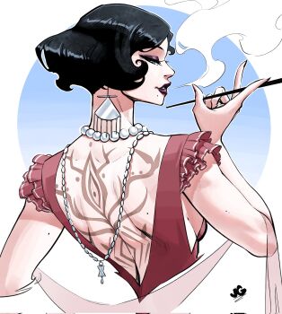 Rule 34 | 1girl, back tattoo, black hair, black nails, cigarette holder, earrings, highres, initial, jewelry, jgeorgedrawz, looking at viewer, looking back, necklace, original, pearl necklace, short hair, solo, tattoo, upper body