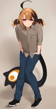 Rule 34 | 1girl, absurdres, breasts, brown hair, brown shirt, collared shirt, gigi murin, hands in pockets, highres, hololive, hololive english, lin-manuel miranda, long hair, long sleeves, looking at viewer, pants, real life, red eyes, shirt, shoes, smile, standing, twintails, virtual youtuber, yoako