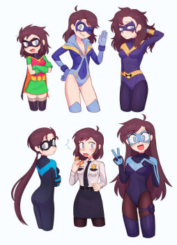 6+girls :d ^^^ absurdres ahoge arm_behind_head ass batman_(series) batrobin_k black_necktie black_skirt black_thighhighs blue_eyes blue_mask blush breasts brown_hair brown_pantyhose closed_mouth collared_shirt cropped_legs crossed_arms dc_comics dick_grayson donut fang food food_on_face genderswap genderswap_(mtf) gloves green_gloves hand_on_own_hip hand_up happy highres holding holding_food leotard long_hair long_sleeves looking_at_viewer medium_breasts medium_hair multiple_girls multiple_persona necktie nightwing one_eye_closed open_mouth pantyhose pencil_skirt police police_badge police_uniform policewoman ponytail purple_leotard robin_(dc) shirt short_hair skirt smile standing superhero_costume teeth thighhighs v white_shirt