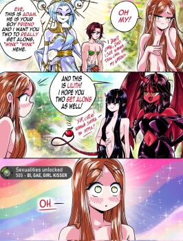 Rule 34 | 1boy, 4girls, achievement unlocked, adam (mythology), apple, bisexual female, black hair, blush, breasts, brown hair, closed mouth, colored skin, corrupted twitter file, demon girl, demon horns, demon tail, demon wings, english text, eve (mythology), extra arms, fangs, food, fruit, green eyes, grs-, convenient hair, highres, horns, long hair, multiple girls, open mouth, original, pointy ears, red eyes, red skin, tail, the bible, very long hair, wings, yuri