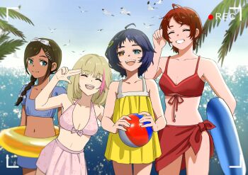 4girls ahoge aonuma_neiru artist_request ball beach beachball bikini bird black_hair blonde_hair blue_bikini blue_eyes blue_hair blue_sky blurry bow braid braided_ponytail breasts cleavage closed_eyes closed_mouth collarbone dark-skinned_female dark_skin day depth_of_field ears fingernails flat_chest green_eyes hair_bow hair_ornament hairband hairpin hand_up height_difference heterochromia highres hip_focus holding holding_swim_ring innertube kawai_rika looking_at_viewer medium_breasts midriff multicolored_hair multiple_girls navel nose ocean one-piece_swimsuit ooto_ai open_mouth outdoors pink_bikini pink_hair recording red_bikini red_hair sawaki_momoe short_hair short_sleeves single_braid sky small_breasts smile source_request standing stomach swim_ring swimsuit teeth tree upper_teeth_only water white_bow white_hairband wonder_egg_priority yellow_eyes yellow_one-piece_swimsuit