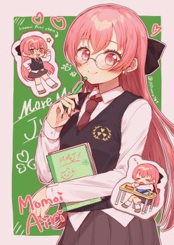 1girl adjusting_eyewear animal_print arm_rest arrow_(symbol) black_bow black_nails black_sweater_vest blush blush_stickers book border bow bowtie brown_bow brown_bowtie brown_shoes cat_print chair character_name chibi chibi_inset closed_eyes closed_mouth clover clover_background clover_earrings clover_print collared_shirt commentary cowboy_shot crossed_arms crossed_bangs desk drawn_heart earrings fang glasses green_background grey_skirt hair_bow hand_up harusawa heart highres holding holding_book holding_pen hugging_book hugging_object jewelry knees_together_feet_apart legs_apart long_hair long_sleeves looking_at_viewer miniskirt momoi_airi omoi_wo_nosete!_dream_stage_(project_sekai) on_chair outline paw_print paw_print_background pen pen_to_chin pink_hair project_sekai round_eyewear school_desk school_uniform shirt shirt_under_sweater shoes single_earring sitting skirt sleeping smile socks solo standing star_(symbol) sweater_vest symbol-only_commentary text_background twitter_username two-tone_background white_background white_border white_outline white_shirt white_socks zzz