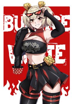 Rule 34 | 1girl, absurdres, black gloves, black jacket, black skirt, black thighhighs, blonde hair, breasts, burnice white, choker, cleavage, flamethrower, glasses, gloves, highres, holding, holding flamethrower, holding jacket, holding unworn clothes, holding weapon, jacket, lion space, looking at viewer, red choker, red eyes, shirt, short hair, skirt, sleeveless turtleneck shirt, smile, solo, spiked jacket, sunglasses, thighhighs, turtleneck, turtleneck shirt, twintails, unworn jacket, weapon, zenless zone zero