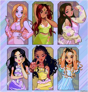 6+girls arms_up artist_name bindi black_hair blonde_hair blue_dress blush border bow braid brown_hair camisole choker color_coordination commentary daniela_(katseye) dez dress earrings english_commentary finger_heart green_shirt hand_on_own_face highres jewelry k-pop katseye lara_(katseye) light_smile long_sleeves manon_(katseye) megan_(katseye) multiple_girls necklace one_eye_closed orange_hair pixel_art real_life red_hair shirt single_bare_shoulder skirt sleeveless sophia_(katseye) v yoonchae_(katseye)