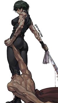 Rule 34 | 1girl, absurdres, belt, black pants, black shirt, blood, bloody weapon, breasts, corpse, green hair, headless, highres, holding, holding sword, holding weapon, jujutsu kaisen, large breasts, pants, scar, scar on arm, scar on face, shirt, signature, simple background, sleeveless, sleeveless shirt, standing, sword, weapon, white background, zen'in maki, zen'in maki (post shibuya), zu yuan cesar