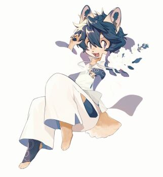 1boy animal_feet black_hair body_fur bridal_gauntlets claws commentary digitigrade dog_boy fang fuji_166 full_body furry furry_male jacket looking_at_viewer male_focus original purple_eyes short_hair simple_background solo symbol-only_commentary tail white_background white_jacket yellow_fur