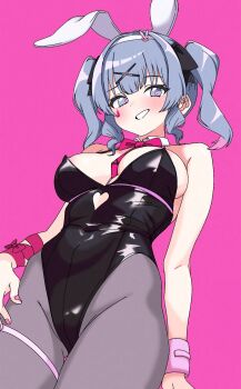 1girl animal_ears areola_slip bare_shoulders black_leotard blue_eyes blue_hair bow breasts clothing_cutout cowboy_shot cutout_above_navel detached_collar fake_animal_ears from_below hair_ornament hatsune_miku heart highres inami_(x_spidekawaii_x) leotard light_blush looking_at_viewer multicolored_hair nipples pantyhose pink_background pink_hair playboy_bunny rabbit_ears rabbit_hole_(vocaloid) smile solo twintails vocaloid x_hair_ornament