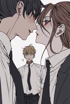 Rule 34 | 3boys, ?, androgynous, black hair, black necktie, black pants, blonde hair, chainsaw man, collared shirt, commentary request, denji (chainsaw man), earrings, eye contact, eyelashes, hayakawa aki, highres, imminent kiss, jacket, jewelry, korean commentary, lapels, looking at another, male focus, memon0te, multiple boys, necktie, notched lapels, open clothes, open jacket, pants, parted lips, piercing, profile, red hair, shirt, shirt tucked in, short hair, simple background, stud earrings, suit jacket, upper body, white background, white shirt, wing collar, yaoi
