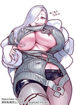 1girl bare_shoulders black_shorts blue_lips breasts dress earrings eyeliner fate/grand_order fate_(series) grey_dress hair_over_one_eye highres hoop_earrings jacket jewelry large_breasts long_hair long_sleeves looking_at_viewer makeup mrs._snake_(fate) nekomata_naomi off_shoulder short_shorts shorts smile solo sweater sweater_dress tassel thighs underboob white_hair white_jacket yellow_eyes