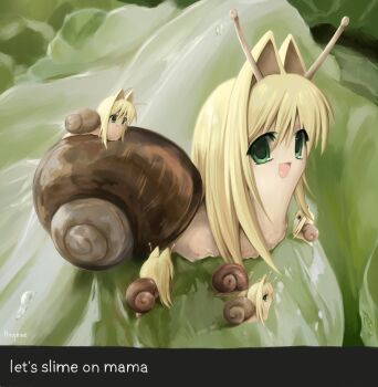 2000s_(style) 6+girls animal_focus annika_(ponymoe) antennae blonde_hair faux_retro_artstyle green_eyes hair_intakes highres mother_and_child mother_and_daughter multiple_girls no_humans open_mouth original ponymoe smile snail snail_girl snail_shell tareme