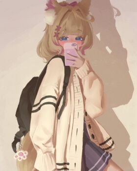 1girl animal_ear_fluff animal_ears blonde_hair blue_eyes blue_skirt cardigan cellphone dog_ears dog_girl dog_tail hair_intakes hair_ornament highres holding holding_phone hololive hololive_english mococo_abyssgard neilwa_dayo phone pink_streaks school_uniform selfie shadow skirt smartphone solo tail virtual_youtuber white_cardigan x_hair_ornament
