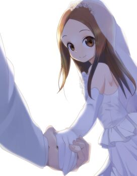 Rule 34 | 10s, 1girl, bare shoulders, bonfurai, bridal veil, brown eyes, brown hair, closed mouth, collarbone, detached sleeves, dress, holding hands, karakai jouzu no takagi-san, long hair, long sleeves, looking at viewer, nishikata, simple background, sleeveless, smile, solo focus, takagi-san, veil, wedding dress, white background, white dress