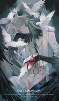 1boy absurdres animal arrow_(projectile) bird black_feathers blood brown_hair claws closed_mouth colored_extremities commission death eyelashes feathers head_rest highres holding holding_animal holding_bird horns impaled jewelry lips looking_at_viewer male_focus mihuashi_commission necklace original oxi206 parted_bangs pointy_ears sash single_horn sitting solo watermark white_bird white_horns white_sash