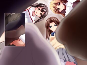 3girls atelier_kaguya ayashima_honoka brown_hair feet femdom kominami_mao leggings mainichi_ga_m multiple_girls nylons smother socks thighhighs yoshinokawa_yurina