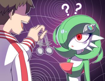 1boy 1girl ? colored_skin gardevoir gen_3_pokemon green_skin hair_over_one_eye holding holding_pendulum hypnosis mega_stone mind_control multicolored_skin nintendo open_mouth pendulum pokemon pokemon_(anime) pokemon_(creature) poketoon red_eyes two-tone_skin wb_(dl4239dl) white_skin yuugo_(pokemon)