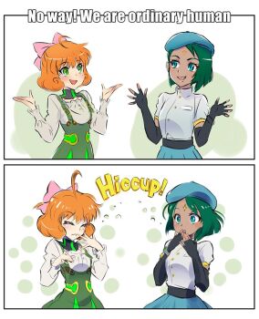 2girls ahoge aqua_eyes ciel_soleil commentary_request english_text green_eyes green_hair hiccup iesupa multiple_girls orange_hair penny_polendina rwby