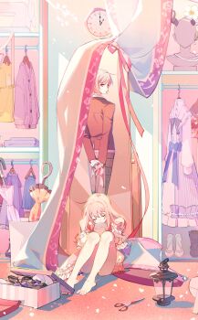 2others absurdly_detailed_composition absurdres akiyama_mizuki arms_behind_back barefoot blonde_hair boots clock closed_eyes closed_umbrella closet clothes_hanger curtains dechel different_reflection dress dual_persona highres indoors jacket knees_up loaded_interior long_hair long_sleeves mirror multiple_others other_focus pants pink_hair pink_theme project_sekai reflection scissors shelf shoes short_hair sitting slippers smile stuffed_animal stuffed_toy umbrella unworn_shoes