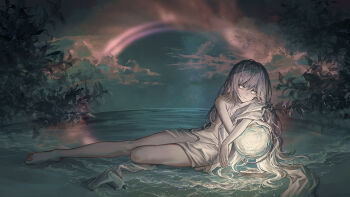 1girl bare_legs barefoot beach blank_stare bright_pupils closed_mouth cloud commentary crossed_arms foliage full_body globe glowing glowing_eyes grey_hair hair_between_eyes head_rest highres horizon leaning_on_object long_hair looking_to_the_side mira_(345toron) muted_color ocean original outdoors outstretched_leg single_off_shoulder sitting solo torn_clothes twilight very_long_hair water wavy_hair