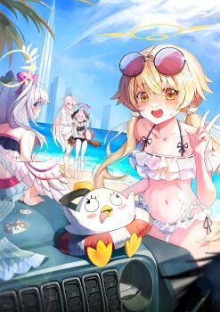 4girls absurdres azusa_(blue_archive) azusa_(swimsuit)_(blue_archive) bag ball beachball bikini black_wings blue_archive breasts brown_eyes brown_hair collarbone commentary_request d4aann day eyewear_on_head feathered_wings food halo hanako_(blue_archive) hanako_(swimsuit)_(blue_archive) head_wings hifumi_(blue_archive) hifumi_(swimsuit)_(blue_archive) highres holding holding_ball holding_beachball koharu_(blue_archive) koharu_(swimsuit)_(blue_archive) long_hair looking_at_viewer make-up_work_club_(blue_archive) multiple_girls navel official_alternate_costume open_mouth outdoors peroro_(blue_archive) pink_hair pink_halo purple_eyes round_eyewear ruffle_bikini shoulder_bag sky small_breasts smile stomach sunglasses swimsuit twintails v very_long_hair water white_bikini white_hair white_wings winged_halo wings yellow_halo