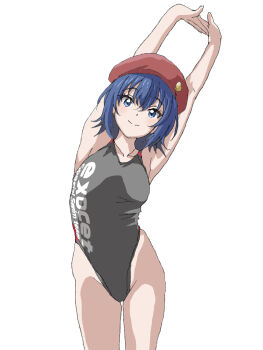 1girl beret black_one-piece_swimsuit blue_eyes blue_hair clothes_writing commentary_request competition_swimsuit flipped_hair hal-py hat highleg highleg_one-piece_swimsuit leaning_to_the_side looking_at_viewer one-piece_swimsuit red_hat short_hair smile solo stretching suzugamori_chika swimsuit zatsu_tabi