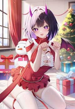 1girl bamboo14455 bell black_hair bow box breasts bright_pupils christmas christmas_ornaments christmas_tree colored_inner_hair commentary commission curtains dress english_commentary gift gift_box heart heart-shaped_pupils highres horns kneeling leash multicolored_hair open_mouth original purple_eyes purple_hair purple_horns red_bow red_dress ribbed_dress smile snowman solo star_(symbol) symbol-shaped_pupils thighhighs vgen_commission viewer_holding_leash virtual_youtuber white_pupils white_thighhighs ych_commission