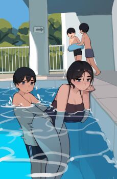 1girl 3boys age_difference akiyama_minato_(pepper0) akiyama_toru_(pepper0) akiyama_yuko_(pepper0) black_hair black_one-piece_swimsuit black_shorts blue_eyes breasts brown_hair cloud day exhibitionism from_behind hetero highleg highleg_one-piece_swimsuit highres incest large_breasts mother_and_son multiple_boys nude one-piece_swimsuit original outdoors partially_submerged pepper0 pool public_indecency railing sex short_hair shorts shota sitting sky stealth_sex swim_cap swimsuit topless_male tree uncensored