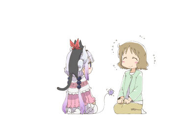 2girls animal animal_on_head bad_id bad_pixiv_id beads black_cat blush_stickers cat cat_on_head closed_eyes closed_mouth company_connection dragon_girl dragon_horns dress gradient_hair green_jacket hair_beads hair_ornament highres horns jacket kanna_kamui kneeling kobayashi-san_chi_no_maidragon kyoto_animation long_hair long_sleeves multicolored_hair multiple_girls nichijou on_head pants pink_dress purple_hair purple_shirt red_scarf sakamoto_(nichijou) sakurai_izumi samansa_ex scarf shirt simple_background smile socks sphere_hair_ornament very_long_hair white_background white_dress white_hair white_socks yellow_pants