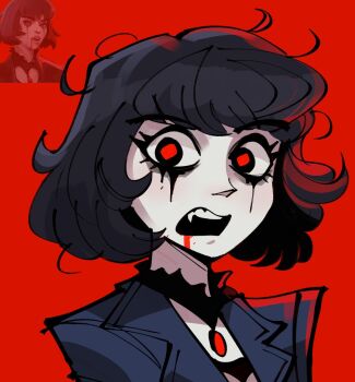 1girl black_hair blood blood_from_mouth blood_on_face bob_cut deadlock_(game) fang jacket jewelry looking_at_viewer makeup medium_hair messy_hair mina_(deadlock) open_mouth peargor pendant pendant_choker portrait red_background red_eyes reference_inset runny_makeup simple_background vampire