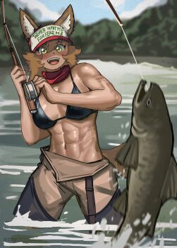 1girl abs absurdres animal_ears bikini brown_hair ezzydraws fangs fish fishing hat highres lake meme multiple_scars muscular muscular_female original scar solo swimsuit tail tan toned water women_want_me_fish_fear_me_(meme) yellow_eyes