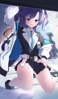 1girl black_jacket black_skirt blue_archive blue_eyes blue_necktie commentary_request highres jacket looking_at_viewer multicolored_jacket name_tag necktie panties purple_hair rmwt7525 shirt skirt solo thighs twintails two-tone_jacket underwear white_jacket white_panties white_shirt yuuka_(blue_archive)