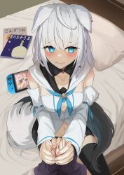 Rule 34 | 2girls, ahoge, animal ears, bed, black shorts, black thighhighs, blue eyes, blue neckerchief, blue ribbon, blush, book, braid, breasts, closed mouth, commentary request, detached sleeves, earrings, ears down, embarrassed, fox ears, fox girl, fox tail, front slit, hand focus, holding hands, hololive, hood, hoodie, jewelry, long hair, long sleeves, looking to the side, medium breasts, midriff, multiple girls, navel, neckerchief, nekomata okayu, nekomata okayu (1st costume), nintendo switch, on bed, pillow, purple hoodie, ribbon, shirakami fubuki, shirakami fubuki (1st costume), short shorts, shorts, side braid, sidelocks, single braid, single earring, sitting, sora no tori, tail, thighhighs, virtual youtuber, wavy mouth, white hair, white hoodie, white sleeves, wide sleeves