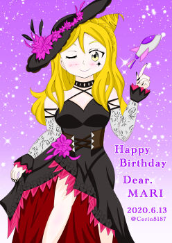 1girl absurdres alternate_hairstyle arm_ribbon artist_name artist_request bare_legs bare_shoulders black_choker black_detached_collar black_dress black_feathers black_headwear black_nails black_skirt blonde_hair blush braid breasts brown_eyes choker cleavage collarbone corin8187_(blue_rose_skyline) cross-laced_clothes cross-laced_dress crown_braid dress earrings elbow_sleeves feathers female_focus flower guilty_kiss_(love_live!) hair_over_shoulder hair_rings highres holding holding_unworn_clothes jewelry looking_at_viewer love_live! love_live!_school_idol_festival love_live!_sunshine!! medium_breasts nail_polish nails new_romantic_sailors ohara_mari one_eye_closed parted_lips purple_flower ribbon short_hair skirt smile solo spaceship star_(symbol) star_tattoo tattoo yellow_eyes