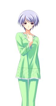 1girl blue_hair chaos;head crying fingernails game_cg green_pants green_shirt hand_on_own_chest hospital_gown kishimoto_ayase matsuo_yukihiro narrowed_eyes non-web_source official_art pants pink_eyes science_adventure shirt short_hair solo sprite streaming_tears tears transparent_background