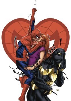 1boy 1girl 1other alien comic_cover commentary couple cover cover_page denim english_commentary hand_on_another's_cheek hand_on_another's_face heart highres imminent_vomiting jeans kiss long_hair marvel mary_jane_watson mask_lift muscular muscular_male muscular_other official_art orange_hair pants purple_shirt red_nails shirt silk spider-man spider-man_(original_suit) spider-man_(series) spider_web_print superhero_costume sweat symbiote taurin_clarke textless_version third_wheel venom_(marvel) western_comics_(style) white_background