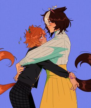 Rule 34 | 2girls, ahoge, animal ears, black jacket, black pants, blue background, blue nails, blush, brown hair, brown tail, casual, commentary, cowboy shot, ear ornament, ears back, english commentary, from side, hairband, highres, horse ears, horse girl, horse tail, hug, jacket, jewelry, leaning forward, looking at another, meisho doto (umamusume), multiple girls, mutual hug, orange hair, orange tail, pants, pink hairband, plaid clothes, plaid pants, profile, purple nails, raccrows, ribbed sweater, ring, short hair, simple background, skirt, smile, standing, sweater, t.m. opera o (umamusume), tail, turtleneck, turtleneck sweater, umamusume, white hair, white sweater, yellow skirt