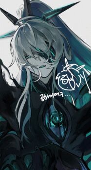 1boy adversarial_noise ahoge ainchase_ishmael aqua_hair aqua_tongue asymmetrical_sidelocks blue_pupils colored_inner_hair colored_mouth core doodle_inset elsword eyepatch grey_eyes grey_hair hair_over_one_eye hashtag-only_commentary head_tilt herrscher_(elsword) high_ponytail hole_in_chest hole_on_body hollow_body kade_2244 korean_text long_hair looking_at_viewer male_focus multicolored_hair open_mouth ponytail reaching reaching_towards_viewer sidelocks simple_background solo translation_request two-tone_hair very_long_hair white_background