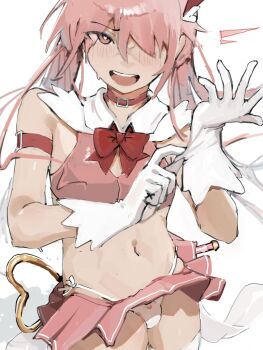 1boy adjusting_clothes adjusting_gloves alterkyon choker clothes_lift crossdressing crossdressing_(mtf) glove_pull gloves hair_over_one_eye highres long_hair magical_boy male_focus microskirt midriff navel original panties pink_choker pink_skirt side-tie_panties skirt skirt_lift string_panties trap twintails underwear wand white_panties