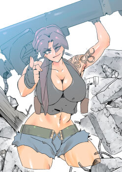 1girl 2024 arm_tattoo belt black_lagoon black_tank_top breasts brown_hair cleavage cropped_legs denim denim_shorts fingerless_gloves gloves gun handgun highres karyoten large_breasts looking_at_viewer midriff muscular muscular_female navel one_eye_closed pistol pointing ponytail purple_eyes rebar revy_(black_lagoon) rocket_launcher rubble short_shorts shorts solo tank_top tattoo weapon wink