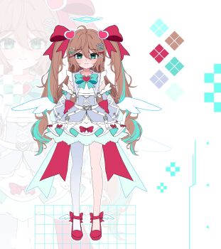 1girl ahoge alternate_costume alternate_hairstyle angel_wings aqua_bow aqua_bowtie aqua_eyes aqua_hair arm_warmers arrow_(symbol) back_bow belt bow bowtie brown_hair buckle chest_harness closed_mouth color_guide commentary cross-laced_armwear cross-laced_clothes cross-laced_dress double-parted_bangs dress dress_bow english_commentary frilled_arm_warmers frilled_dress frills full_body gradient_legwear grey_arm_warmers grey_dress grey_pantyhose grey_sailor_collar grid_background hair_between_eyes hair_bow hair_intakes hair_ornament hairpin halo harness heart heart-shaped_buckle heart_hair_ornament highres layered_dress long_hair looking_at_viewer low_wings magical_girl mary_janes mini_wings multicolored_hair multiple_hairpins neuro-sama outline pantyhose pink_bow pink_shoes pochaimo sailor_collar shoes short_dress single_leg_pantyhose sleeve_bow sleeveless sleeveless_dress smile solo standing streaked_hair studded_belt tachi-e two_side_up underbust vedal_ai very_long_hair wavy_hair white_background white_dress white_outline winged_halo wings x_hair_ornament zoom_layer