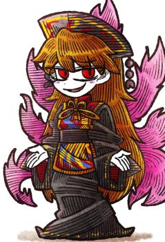 1girl blush blush_stickers chibi chibi_only chinese_clothes dress dress_ribbon fox_tail hair_between_eyes hat junko_(touhou) long_dress long_hair long_sleeves multiple_tails open_mouth orange_hair red_eyes simple_background smug solo standing suenari_(peace) tail touhou very_long_hair white_background