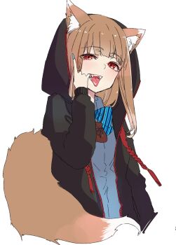 1girl animal_ear_fluff animal_ears azuma_sawayoshi black_hoodie blue_bow blue_bowtie blue_nails bow bowtie brown_hair commentary_request contemporary fangs finger_in_own_mouth fingernails highres holo hood hood_up hoodie long_fingernails long_hair looking_at_viewer red_eyes solo spice_and_wolf striped_bow striped_bowtie striped_clothes tail tongue tongue_out wolf_ears wolf_girl