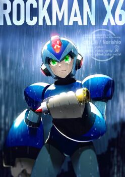 Rule 34 | 1boy, android, armor, blue armor, blue helmet, blurry, blurry background, clenched hand, cowboy shot, forehead jewel, green eyes, helmet, highres, holding, male focus, mega man (series), mega man x6, mega man x (series), no-rishio, rain, solo, tears, watermark, wet, x (mega man), z saber