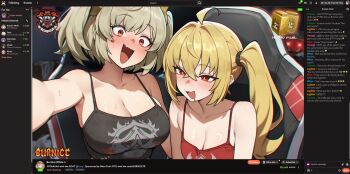 blonde_hair blush breasts burnice_white chair chat_log cleavage drunk gaming_chair heretikka highres hoshimi_miyabi livestream luciana_de_montefio lucy&#039;s_crew_(zenless_zone_zero) multiple_girls nekomiya_mana nicole_demara open_mouth piper_wheel recording red_eyes saliva side_ponytail spaghetti_strap sweat swivel_chair tank_top twintails zenless_zone_zero