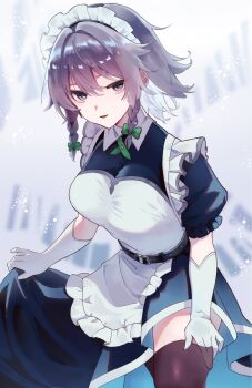 1girl adjusting_clothes adjusting_legwear apron belt black_thighhighs blue_hair blue_skirt bow braid braided_sidelocks commentary_request elbow_gloves frilled_apron frills gloves green_bow hair_bow highres izayoi_sakuya looking_at_viewer maid maid_headdress mochip_0 puffy_short_sleeves puffy_sleeves short_hair short_sleeves skirt skirt_hold solo thighhighs touhou white_apron white_gloves white_headdress
