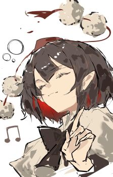 Rule 34 | 1girl, beamed eighth notes, black bow, black bowtie, bow, bowtie, brown hair, closed eyes, closed mouth, collared shirt, colored inner hair, commentary request, cropped torso, double-parted bangs, hat, highres, index finger raised, multicolored hair, musical note, po (anhk5528), pointy ears, pom pom (clothes), puffy short sleeves, puffy sleeves, red hair, red hat, shameimaru aya, shirt, short hair, short sleeves, simple background, sketch, solo, squeans, tokin hat, touhou, white background, white shirt