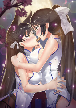 2girls animal_ears atago_(azur_lane) azur_lane bad_id bad_pixiv_id black_hair black_legwear black_panties blurry blush brown_eyes club3 depth_of_field eye_contact from_side hand_on_another's_chin highres hug long_hair looking_at_another mole mole_under_eye multiple_girls nose_blush outdoors panties pantyhose ponytail shared_food sparkle standing star_(sky) takao_(azur_lane) underwear very_long_hair yuri